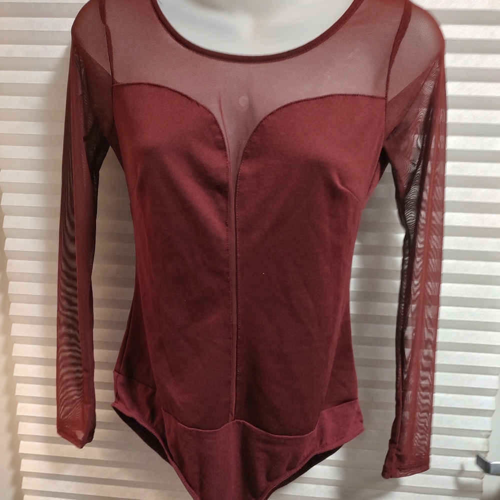 Burgundy Sheer Bodysuit Long sleeve